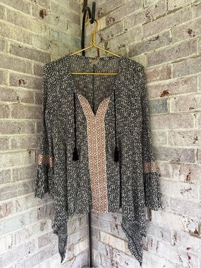 Anama Black & Cream Knit Boho Cardigan with Tassels